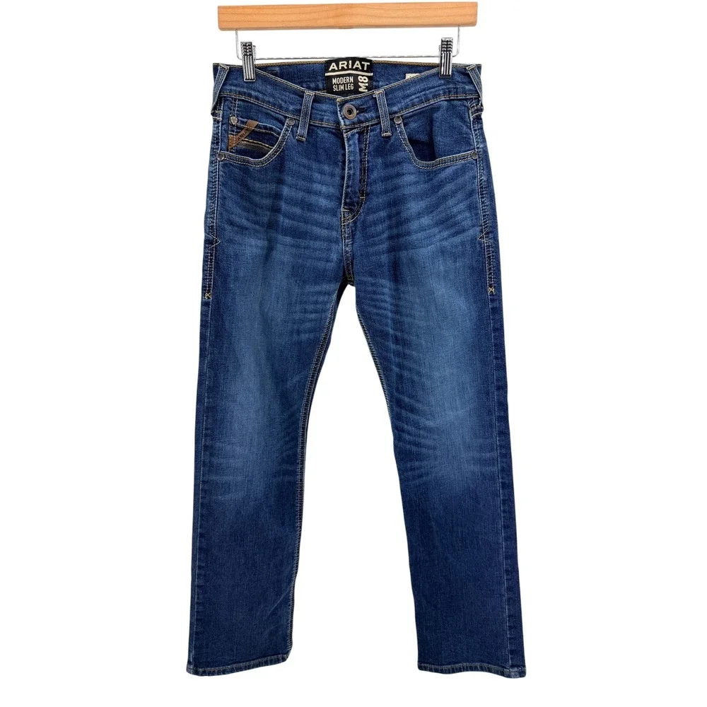 Ariat M8 Modern Slim Leg Jeans Western Cowboy Workwear Stretch Blue Denim 30x30